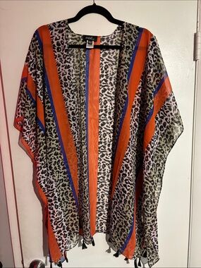 Sheer Animal Print Kimono with Bright Orange & Blue Stripes from Mōd x.